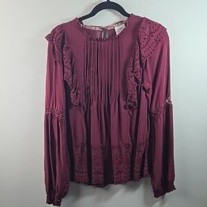 Red Blouse with Puff Sleeves and Ruffled Front Details